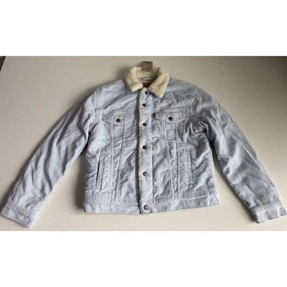 Levi’s Women’s Sz S Ex-Boyfriend Corduroy Trucker Jacket Baby Blue Sherpa Lined - Picture 1 of 9